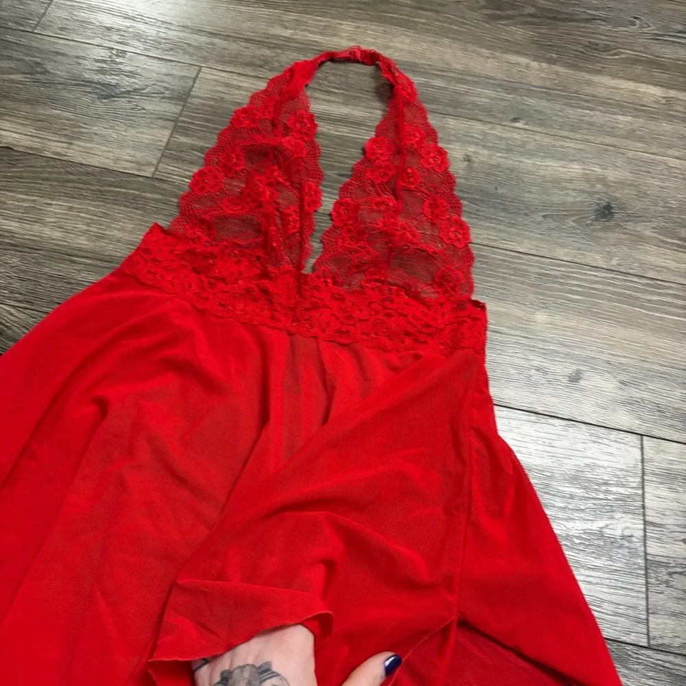 90s/Y2K European Vintage René Rofé Mesh/Lace Halter Babydoll Lingerie Slip Red M